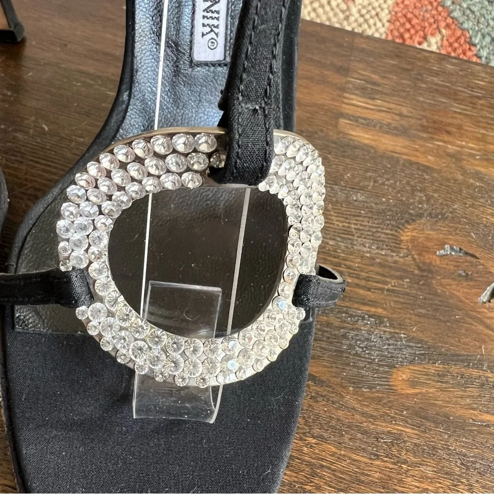 Manolo Blahnik Display Floor Models Cystal Embellished T-Strap Black Heels 36